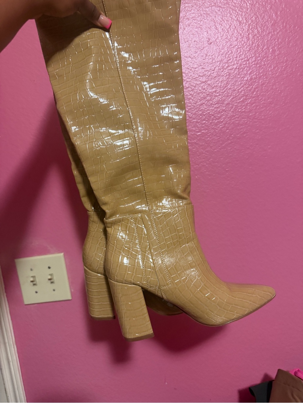 Lulu's Croc-Embossed Glossy Knee-High Block Heel Boots - Beige